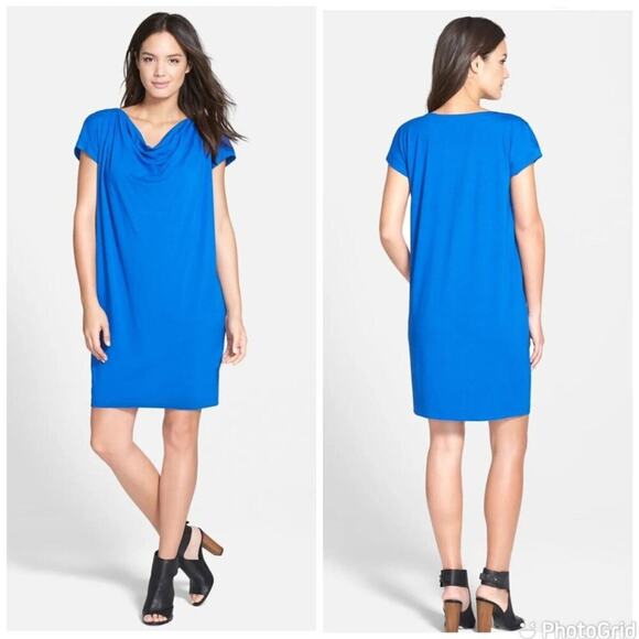 NWT Eileen Fisher Drape Front Dress In Deep Blue Viscose Jersey Size S Petite - Picture 1 of 8